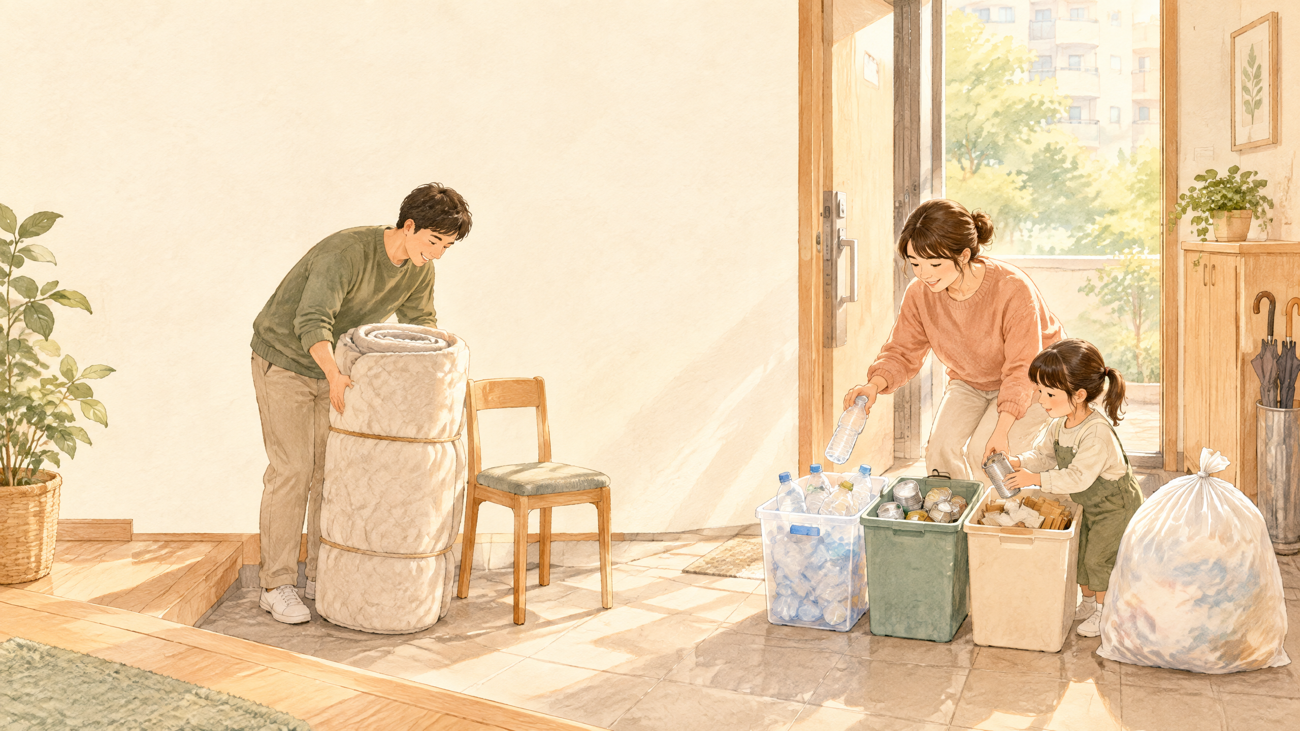 매트리스와 의자를 대형폐기물로 준비하고 재활용품을 분리배출하는 가정의 일러스트